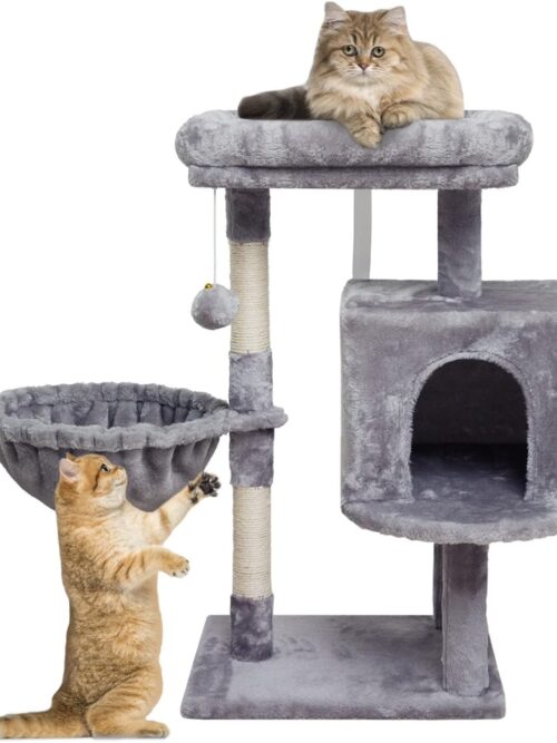 29.53" Cat Tree Tower for Indoor Cats, Activity Cat House with Scratching Post for Kittens, Climbing Stand with Basket & Condo for Play Rest (Grey)