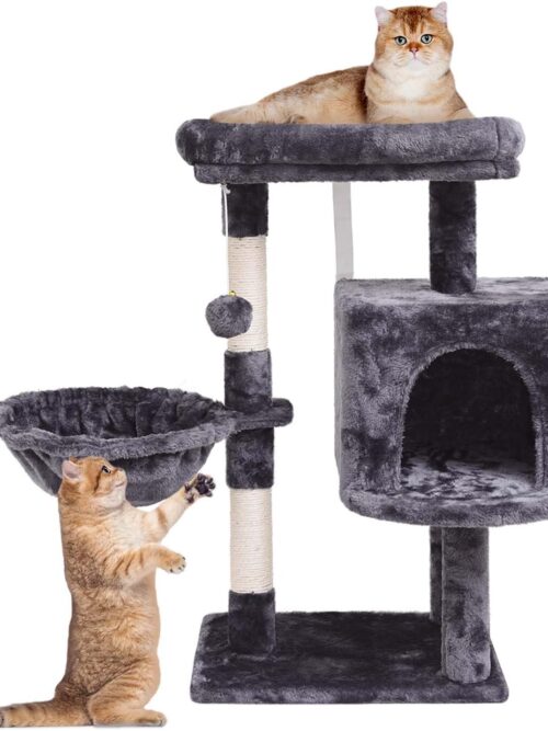 29.53" Cat Tree for Indoor Cats, Activity Cat Tower with Scratching Post, Condo for Kittens, Climbing Stand with Basket & Hanging Ball for Play Rest (Smoky Grey)