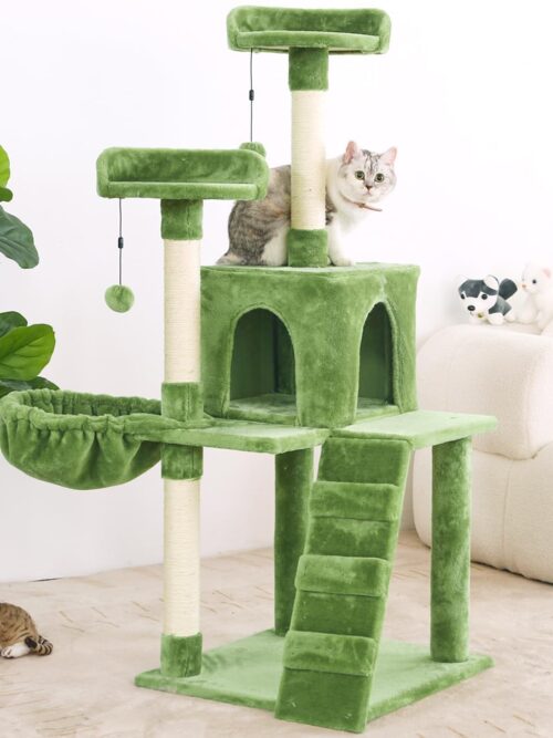54in Cat Tree Cat Tower Condo Furniture Scratch Post with Natural Sisal Rope, Hammock & Cradle for Cats Kittens, Tall Cat Climbing Stand with Plush Perch & Toys Green