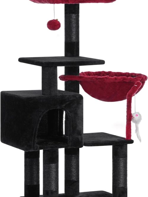 Cat Tree with toy, Cat Tower condo for Indoor Cats, Cat House with Padded Plush Perch, Cozy hammock and Sisal Scratching Posts, Black and Red