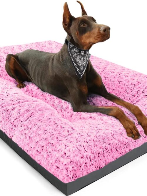 Dog Beds Large Sized Dog, Washable Plush Pet Bed for Crate, Anti-Slip Pet Mat for Cages, Comfy Crate Pad for Outdoor/Indoor/Car Use, Soft Kennel Pad for Dogs Up to 60 lbs, 35"x23", Pink