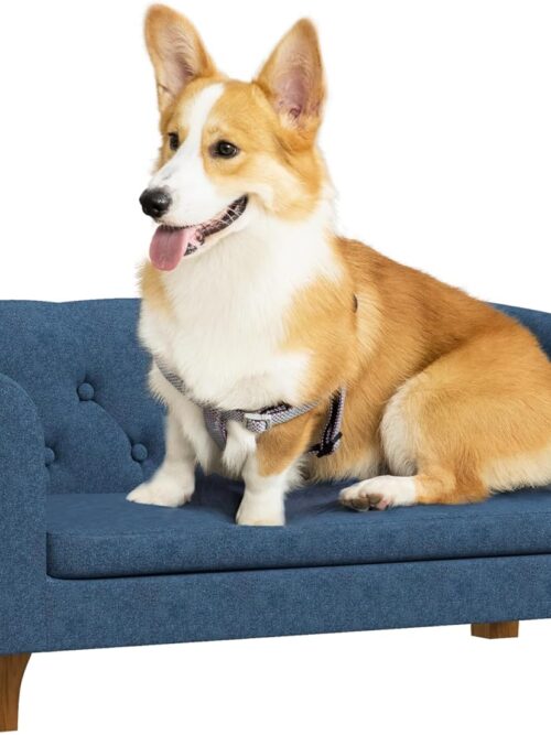 Raised Dog Sofa, Elevated Pet Couch for Small and Medium Dogs, with Removable Soft Cushion, Anti-Slip Pads, Simple Installation, Blue