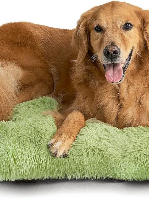 Fluffy Dog Crate Bed for Extra Large Dogs, Plush Faux Fur Crate Pad, Calming Anti Anxiety XL Dog Bed, Washable Soft Warm Mat with Non-Slip Bottom, Green