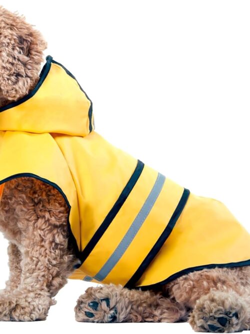 Yellow Dog Rain Jacket With Hood, Reflective Strip for Safety, Leash Hole & Adjustable Velcro Belly Strap, 100% Polyester Water Resistant Pet Raincoat - Small, 9in Long