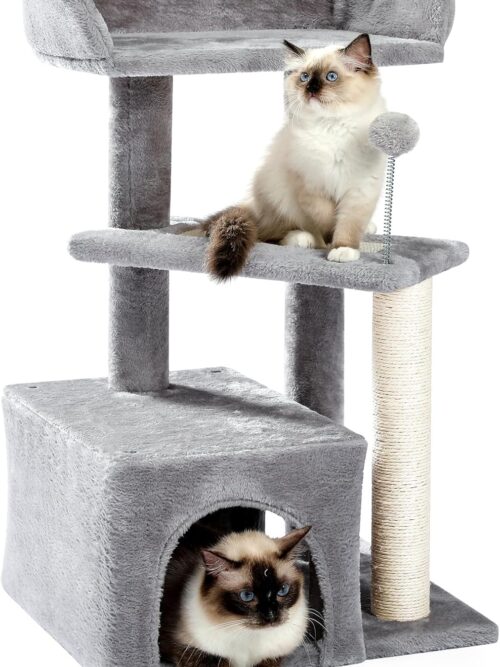 Cat Tree, Carpet Cat Tower Grey for Indoors Cats, Cute Wood Kitty Condo with Scratching Post and Pad, 29" Multi-Level Modern Activity Climbing Furniture for Small and Medium Cats