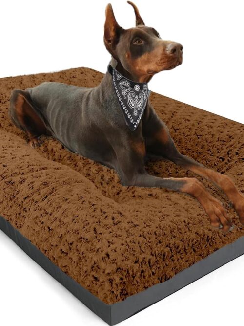 Dog Beds Large Sized Dog, Washable Plush Pet Bed for Crate, Anti-Slip Pet Mat for Cages, Comfy Crate Pad for Outdoor/Indoor/Car Use, Soft Kennel Pad for Dogs Up to 60 lbs, 35"x23", Brown