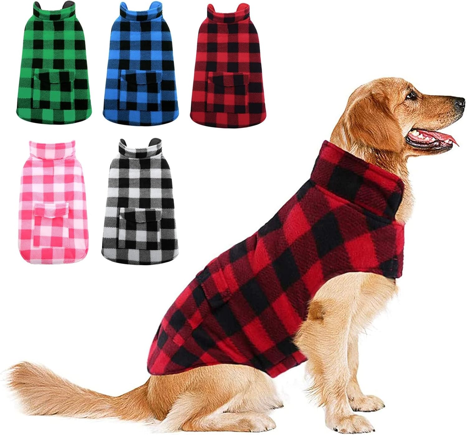 Dog Winter Coat, Fleece Doggie Jacket Plaid Reversible Vest Waterproof Windproof Cold Weather Clothes for Small Medium Large Dogs(Red, M)