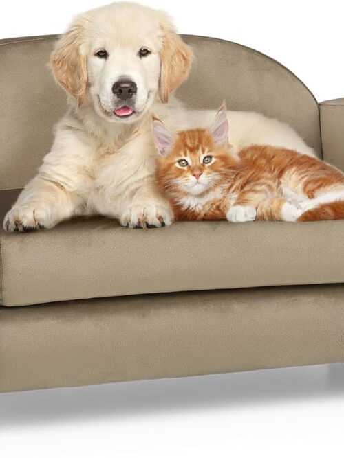 Pet Sofa Dog Couch for Small Dogs and Cats, Velvet  Cat Couch Bed with Removable Cushion, Washable Cover, Light Brown