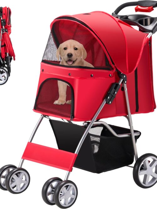 Pet Stroller, 4 Wheels Pet Strolling Cart for Medium/Small Dogs and Cats, Foldable Cat Jogger/Dog Stroller with Cup Holder, Storage Basket, Breathable Mesh, All-Season Pet Carrier, Red