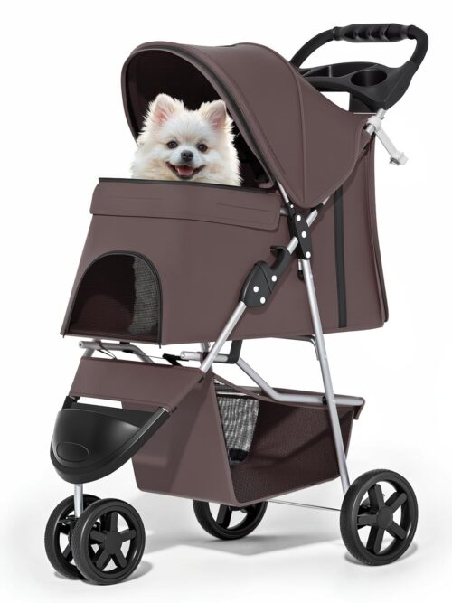 Foldable Dog Strollers for Small Dogs with Weather Cover, 3 Wheels Pet Strolling Cart for Dogs and Cats with Storage Basket and Cup Holder, Breathable and Visible Mesh for All-Season, Coffee