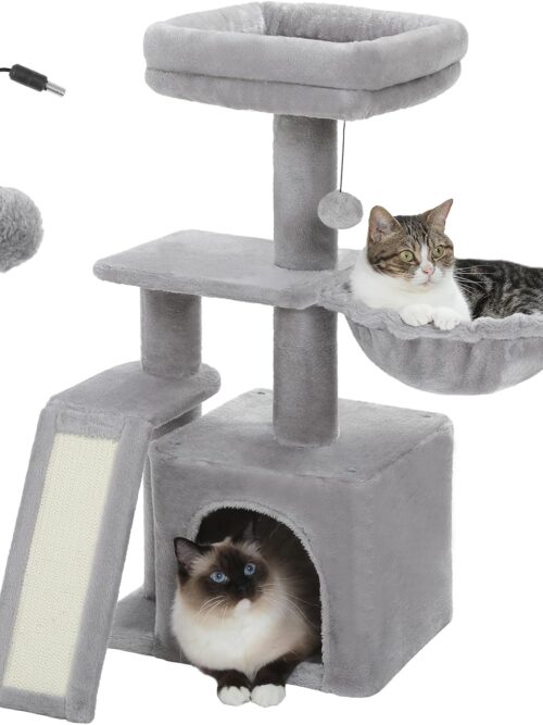 Cactus Cat Tree for Indoor Cats, 31.5'' Cute Cat Tower Cat Condo with Sisal Scratching Ramp, Cozy Hammock and Removable Top Bed Perch for Kittens, Grey