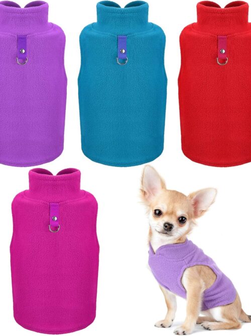 4 Pieces Dog Polyester Warmer Vest Sweater Warm Pullover Jacket with D-Ring Leash Cold Weather Coat Hoodie for Small and Medium Dogs(M,Purple, Blue, Rose, Red)