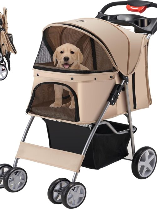 Pet Stroller, 4 Wheels Pet Strolling Cart for Medium/Small Dogs and Cats, Foldable Cat Jogger/Dog Stroller with Cup Holder, Storage Basket, Breathable Mesh, All-Season Pet Carrier, Khaki