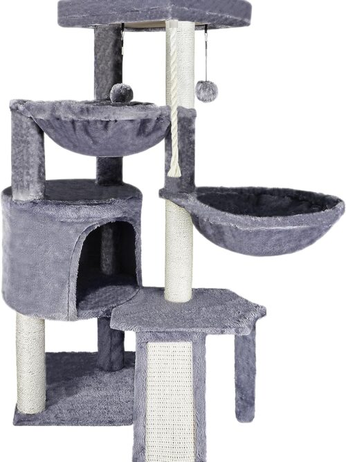 Three Layer Cat Tree with Cat Condo and Two Hammocks,Grey