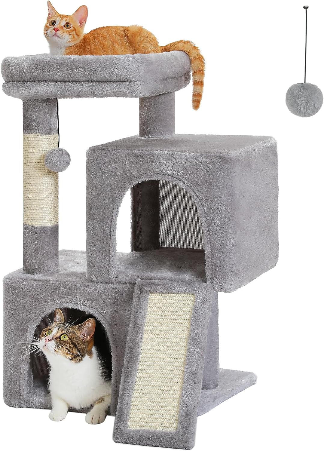 Cat Tree, 30 Inches Cat Tower with Dual Condos for Indoor Cats, Plush Cat House with Padded Perch, Scratching Ramp and Posts and Replaceable Balls-Gray