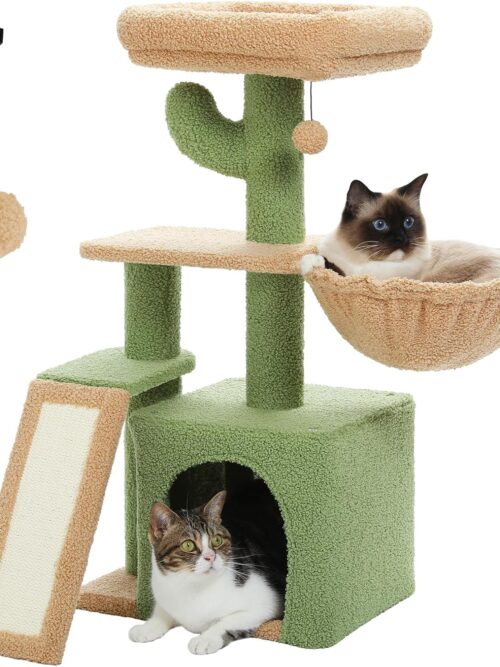 Cactus Cat Tree for Indoor Cats, 31.5'' Small Cat Tower Cat Condo with Sisal Scratching Ramp, Cozy Hammock and Removable Top Bed Perch for Kittens, Green