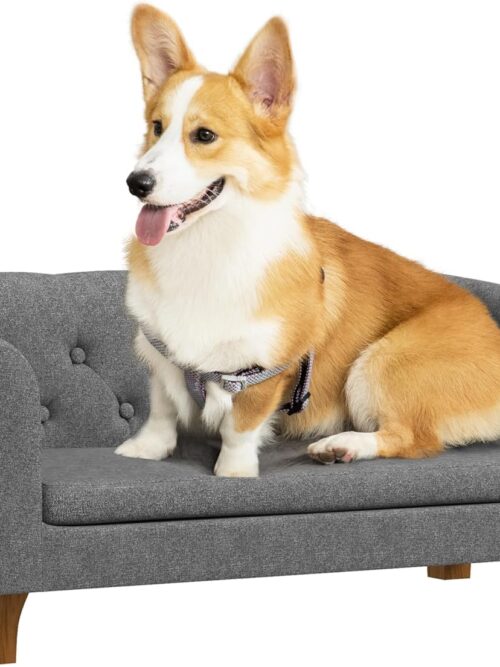 Raised Dog Sofa, Elevated Pet Couch for Small and Medium Dogs, with Removable Soft Cushion, Anti-Slip Pads, Simple Installation, Gray