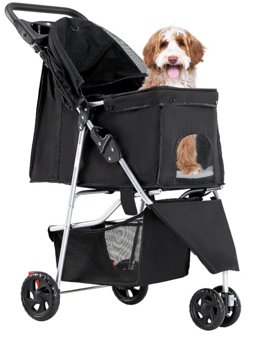 3 Wheel Pet Stroller for Dogs and Cats, Foldable, Lightweight and Durable, Ideal for Small to Medium Pets, Includes Storage Basket and Cup Holders