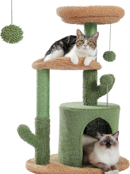 Cactus Cat Tree 32 Inches Small Cat Tower with Sisal Covered Scratching Post, Cozy Condo, Plush Perches and Fluffy Balls for Indoor Cats